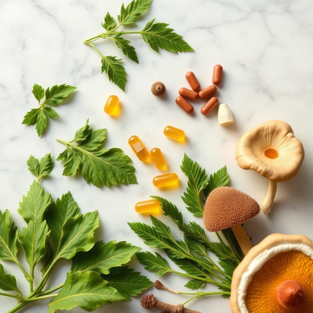 Natural brain health ingredients laid out on marble